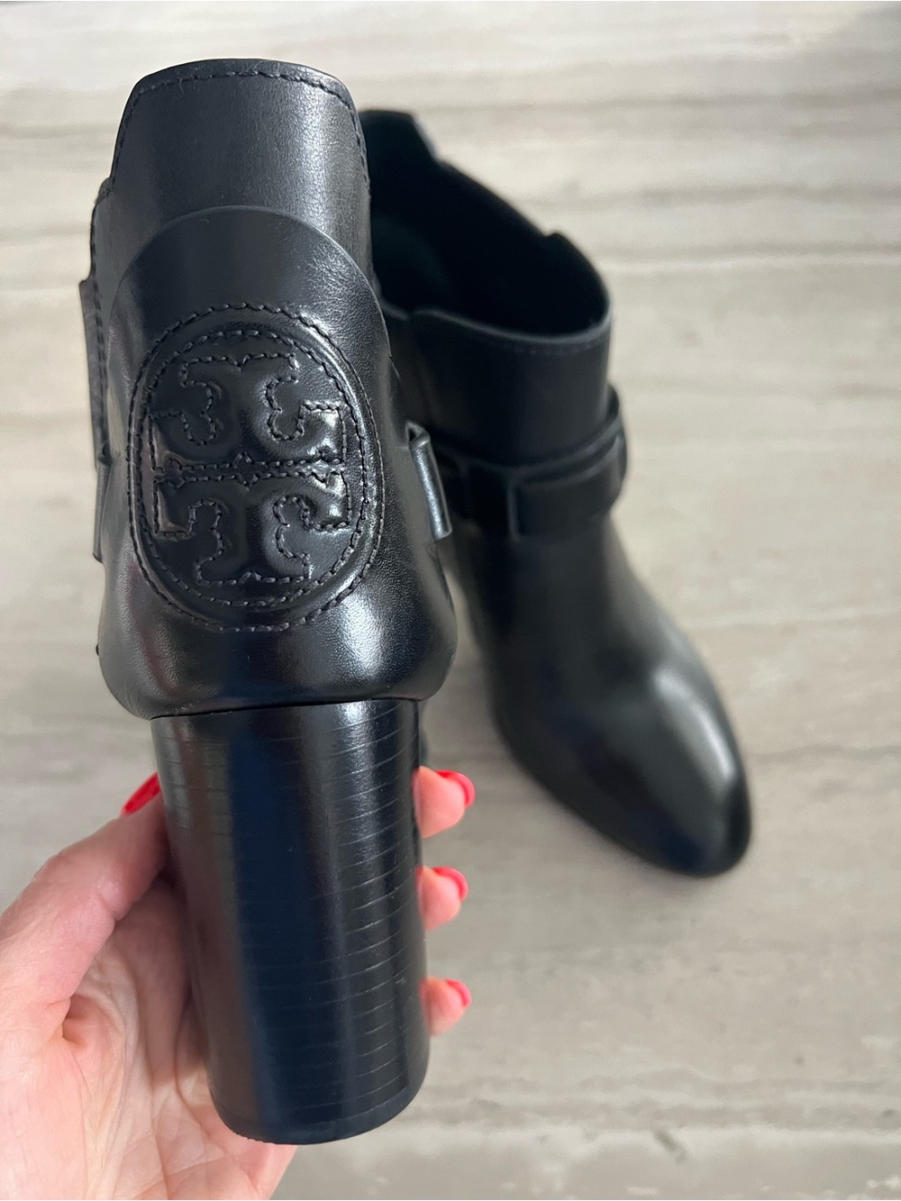 Tory Burch Black Leather Logo Block Heel Booties